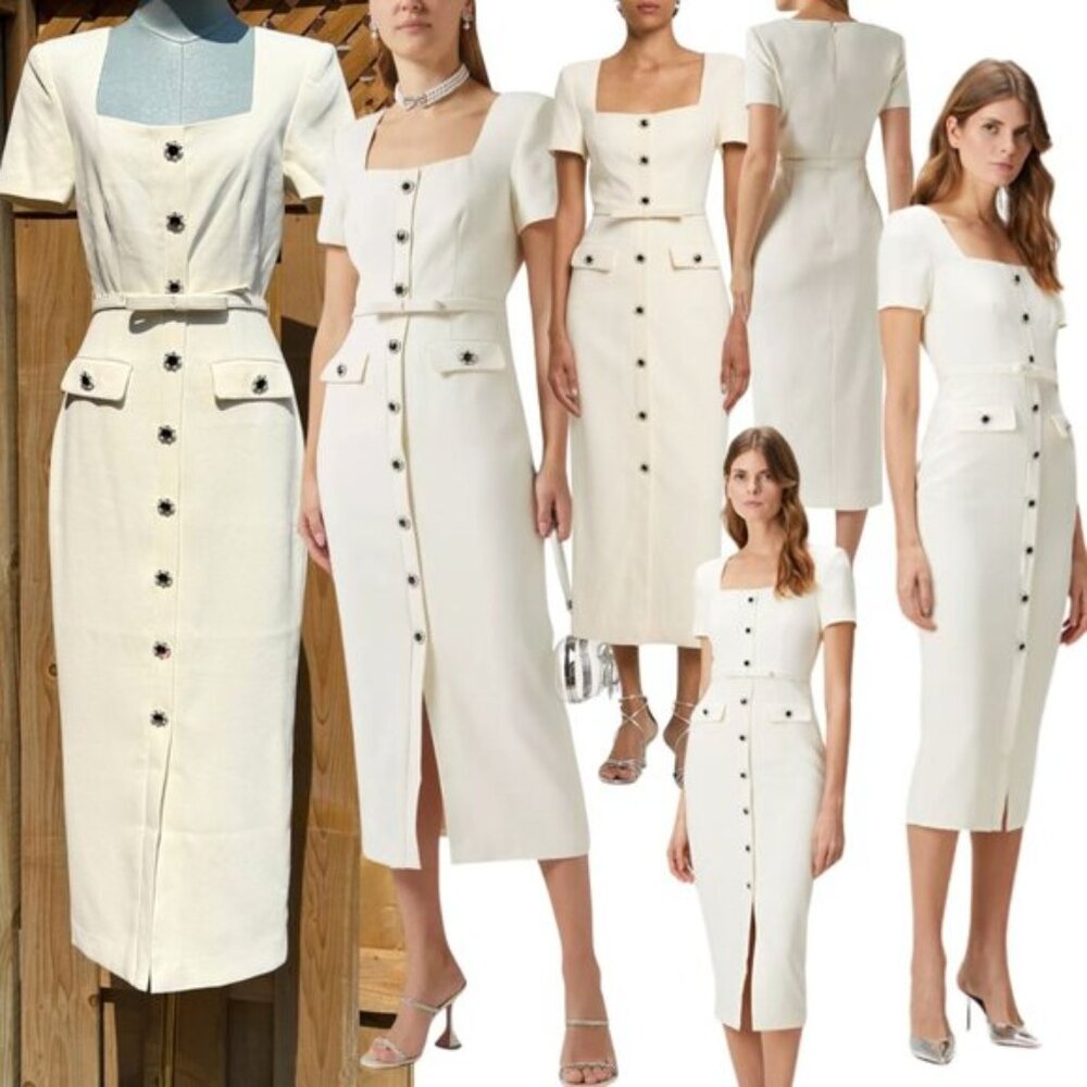 🆕 SELF-PORTRAIT 🧿 BNWOT Cream Ecru Crepe Buttoned Midi Dress, Sz UK 6/ US 2 - Picture 1 of 14